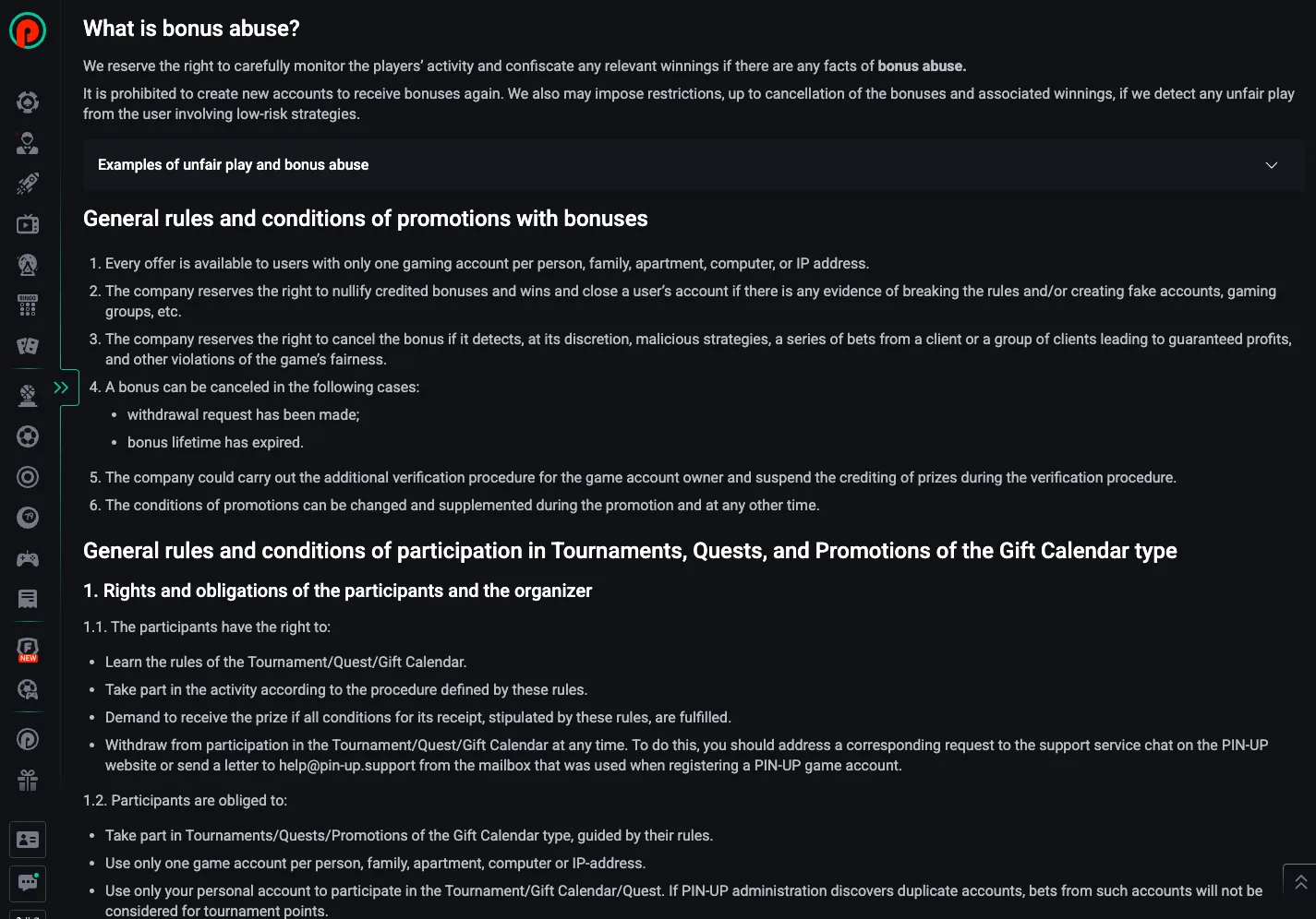 Pin Up bonus abuse rules screen explaining violations and confiscation triggers