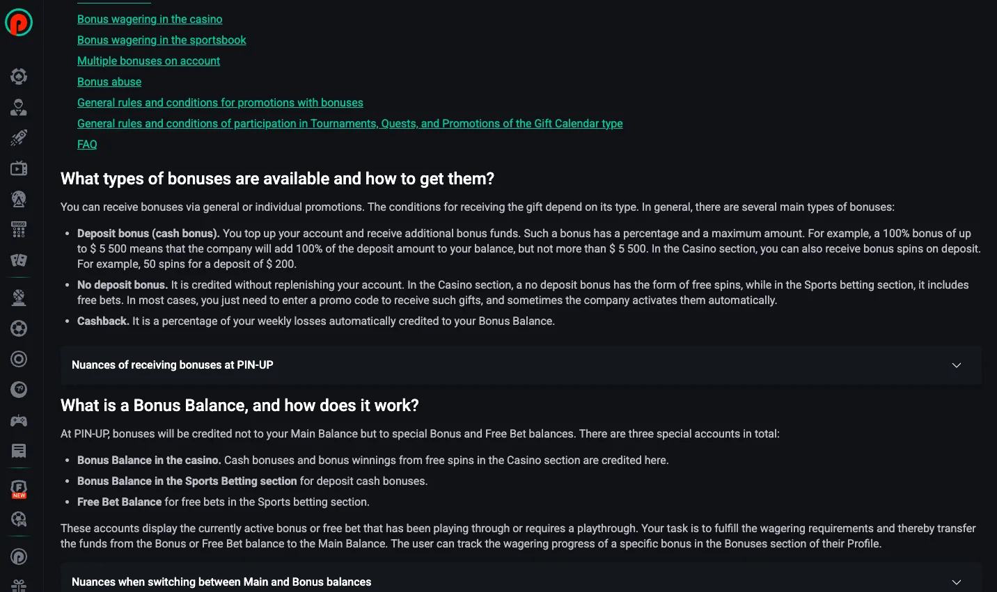 Pin Up bonus wagering rules and balance screen
