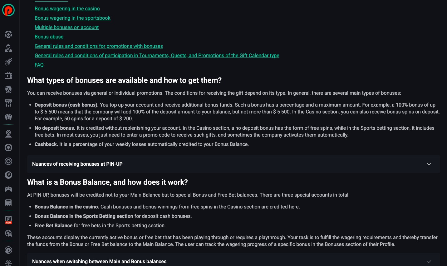 Pin Up bonus rules and balance screen supporting wagering calculations