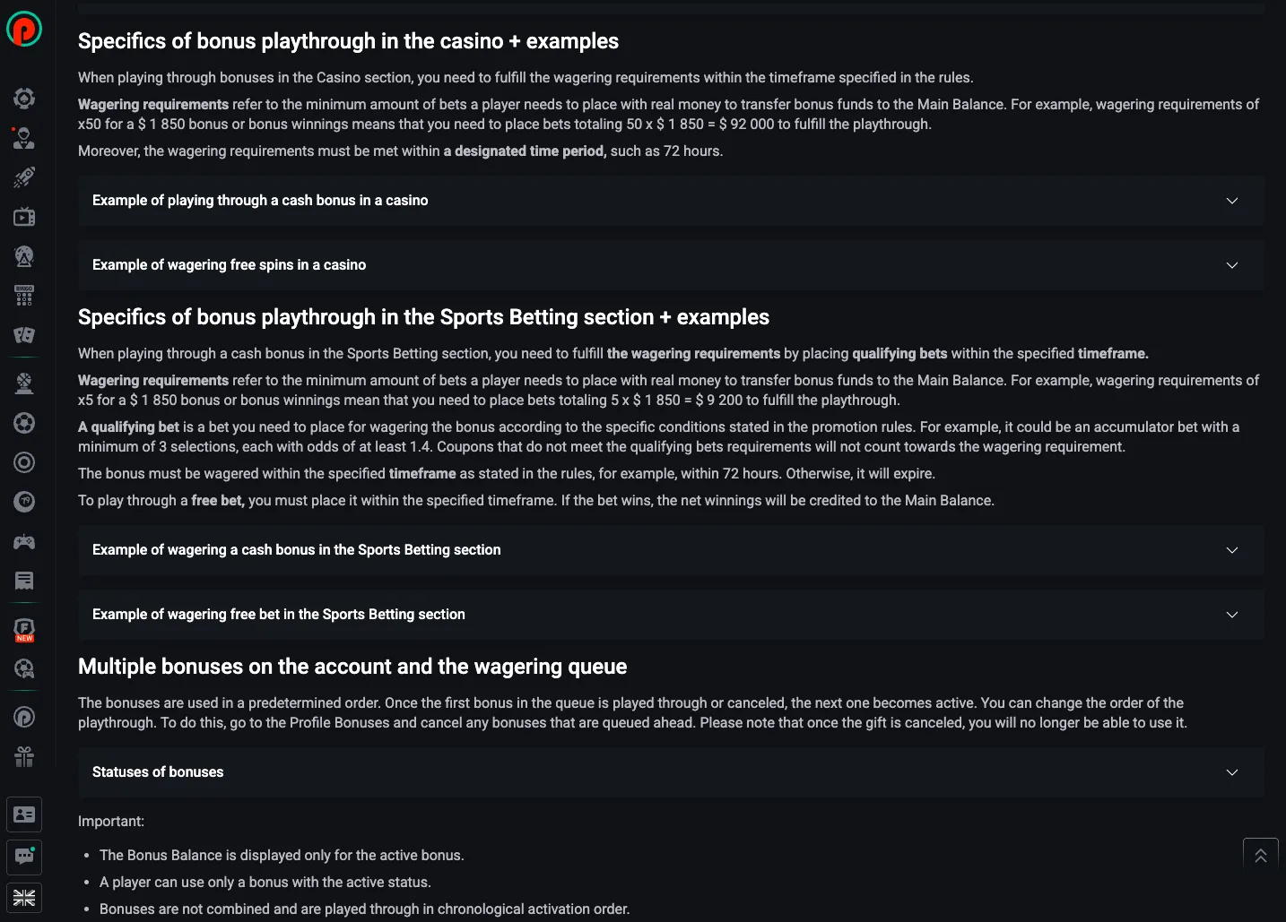 Pin Up terms screen describing casino and sportsbook playthrough examples