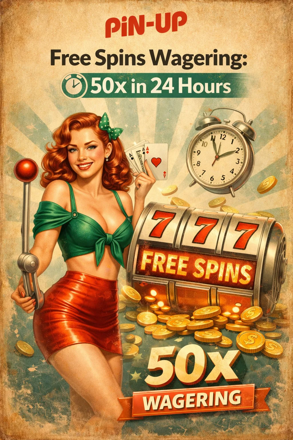 Pin Up free spins poster showing 50x wagering in 24 hours