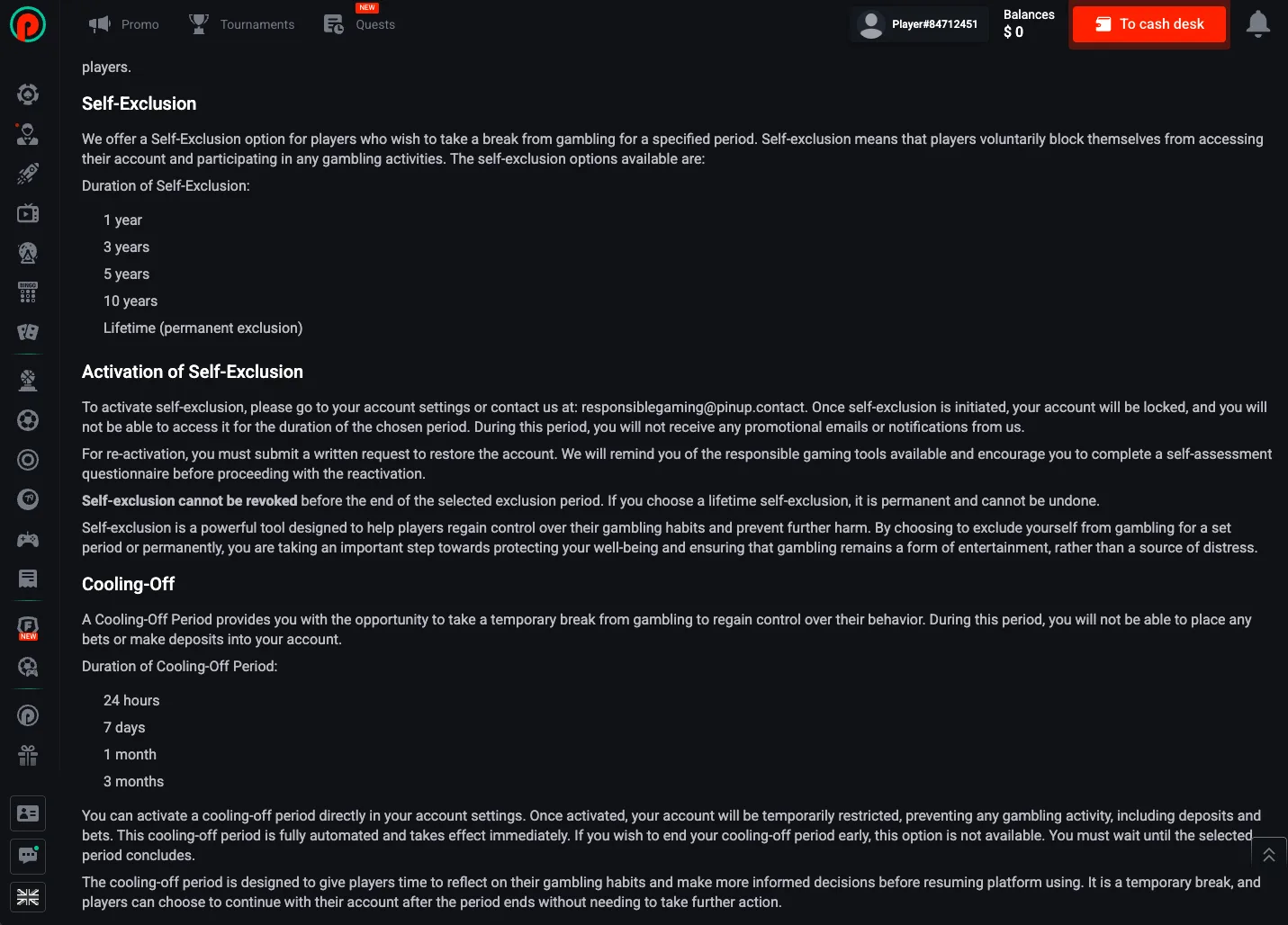 Pin Up self-exclusion and cooling-off tools inside account settings